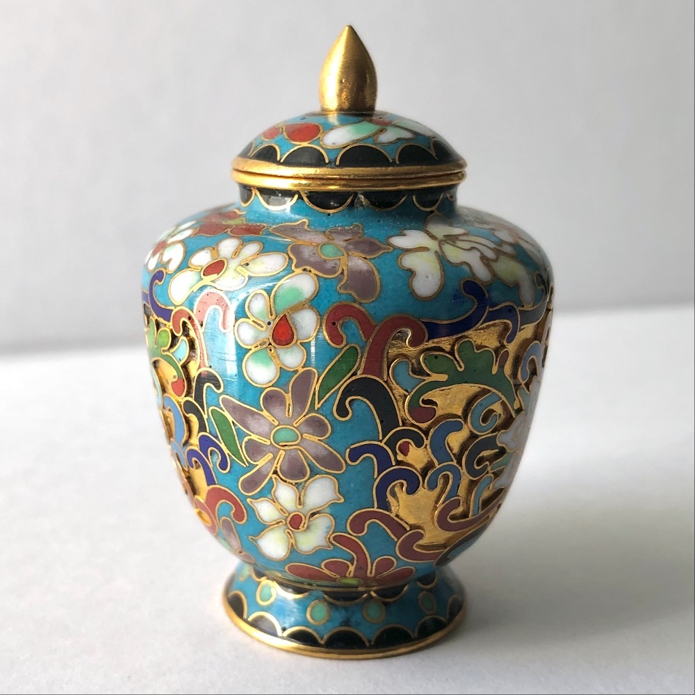 Chinese lotus flower cloisonne ginger jar vase with lid blue gold brass enamel - Picture 14 of 16
